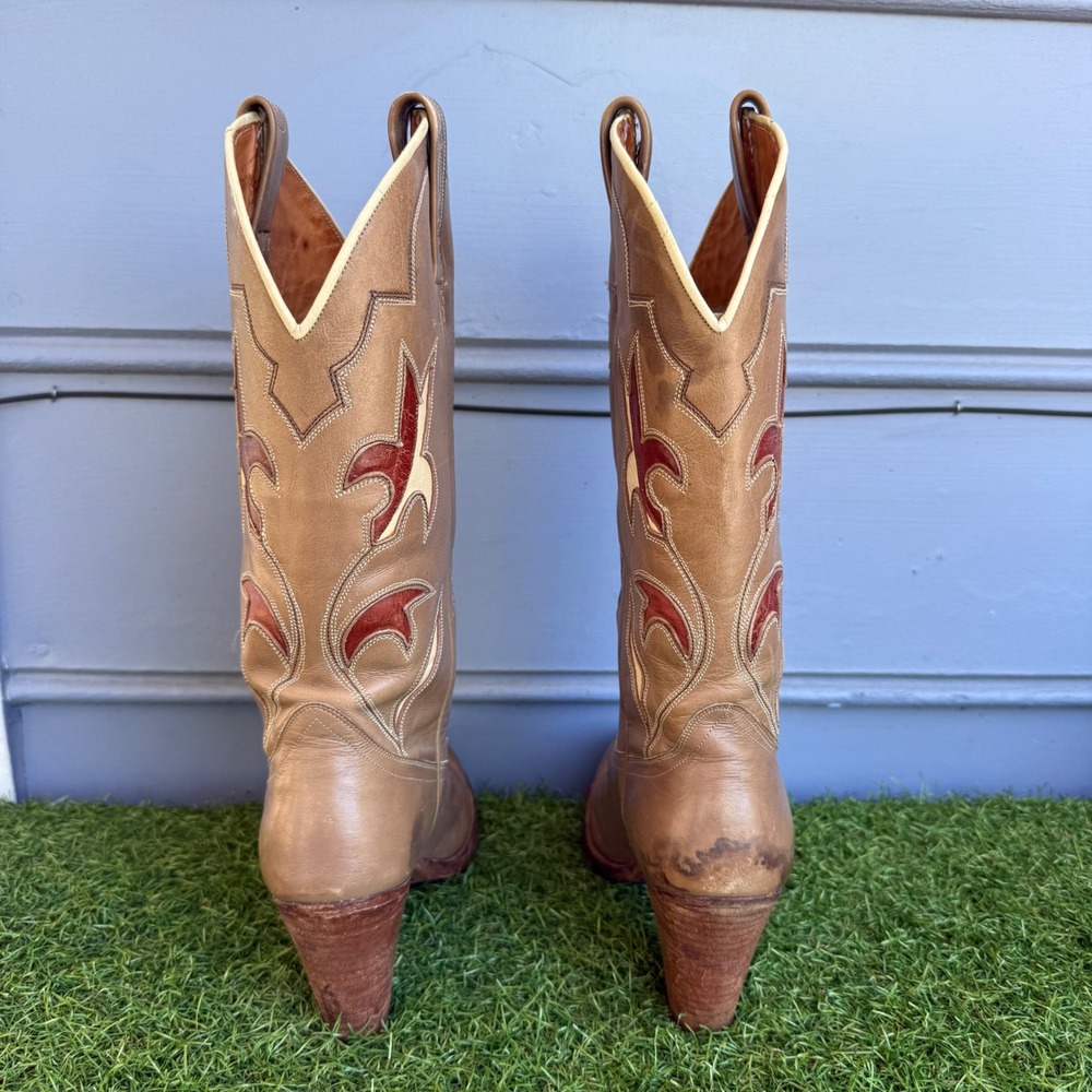 Vtg 80s Dan Post Leather Western Flower Cowboy Boots Womens 7 M Inlay Block Heel - Picture 5 of 11